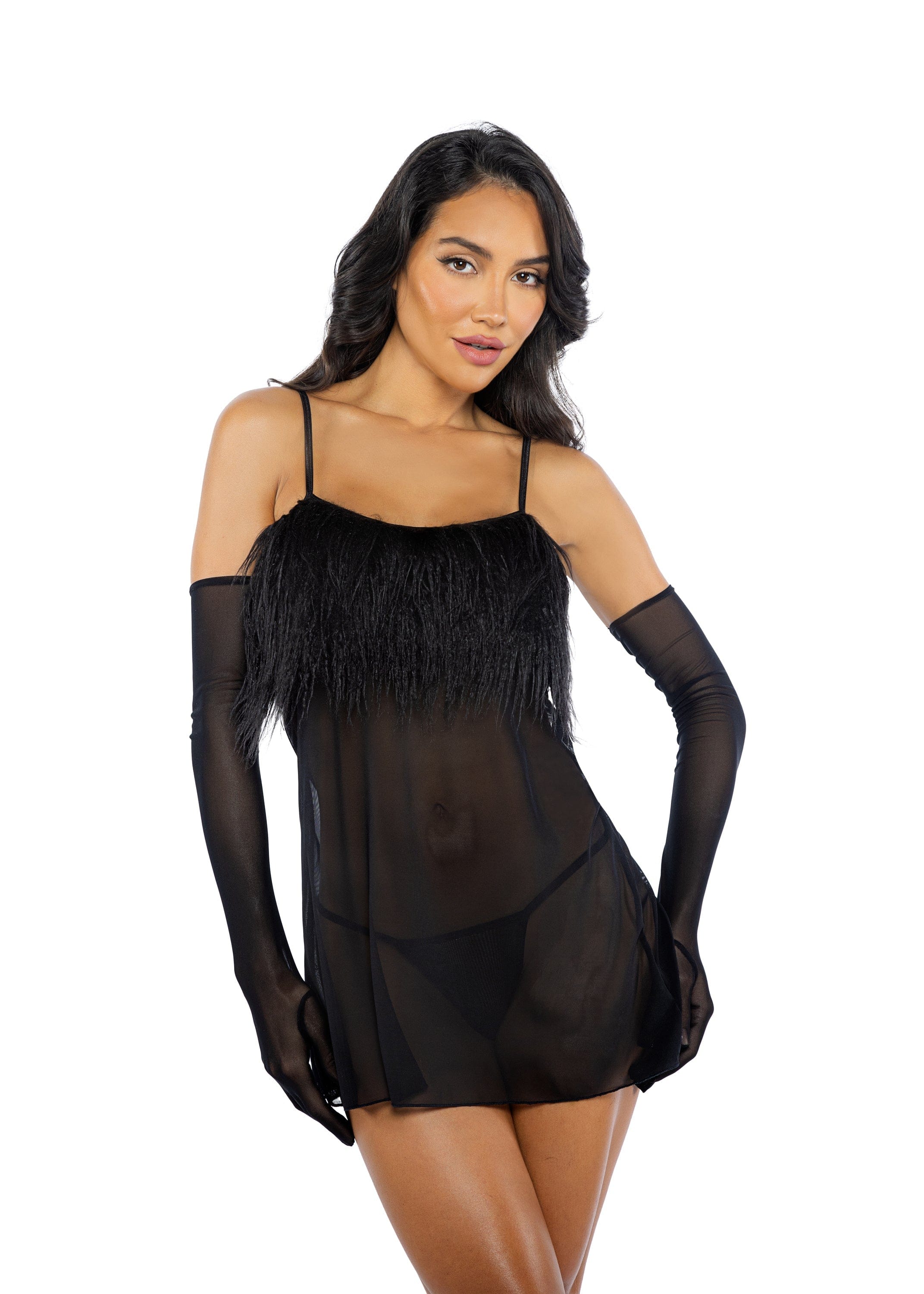 Plus Size Black Faux Feather & Sheer Mesh Babydoll & Thong Panty Lingerie - Image 3