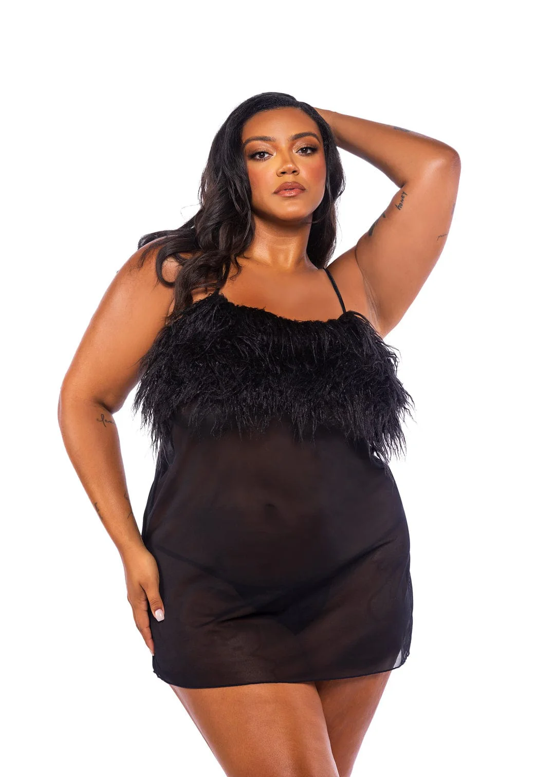 Plus Size Black Faux Feather & Sheer Mesh Babydoll & Thong Panty Lingerie
