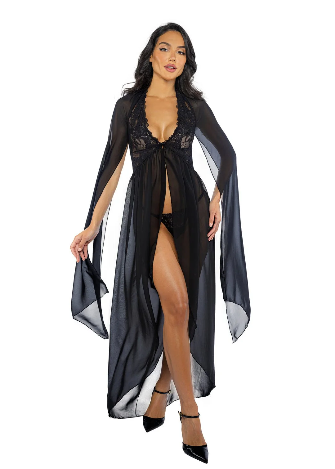 Black Floral Lace & Chiffon Capelette Maxi Robe & Thong Panty Lingerie - Image 2