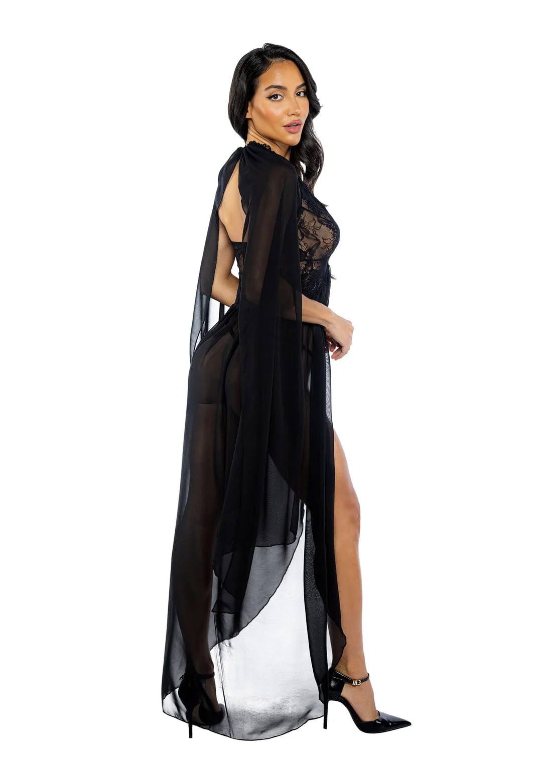 Black Floral Lace & Chiffon Capelette Maxi Robe & Thong Panty Lingerie - Image 3