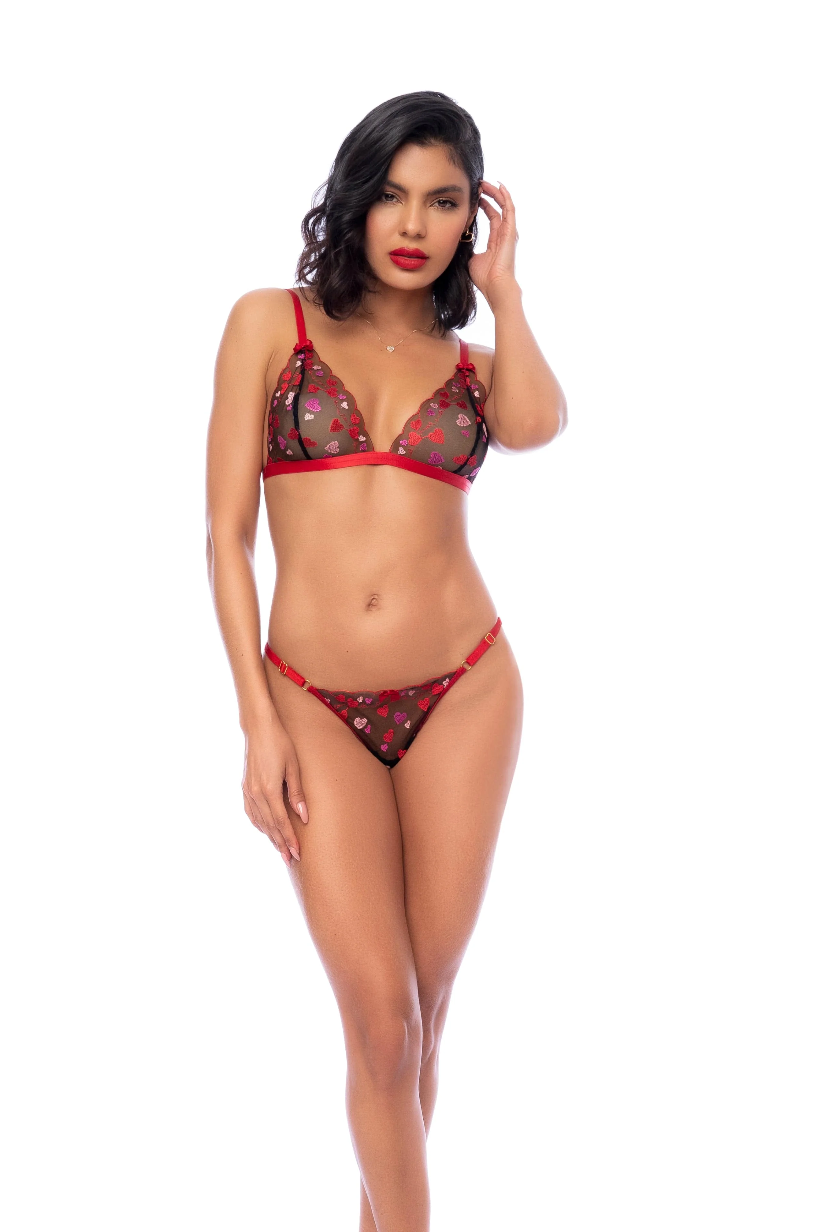 Black w/ Red Embroidered Heart Sheer Mesh Bralette & Thong Panty Lingerie