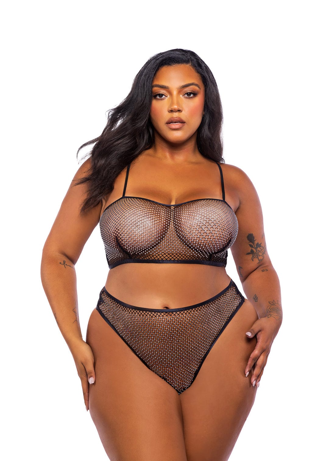 Black Rhinestone Fishnet Bralette & Panty Short Lingerie (Also Plus Size) - Image 6