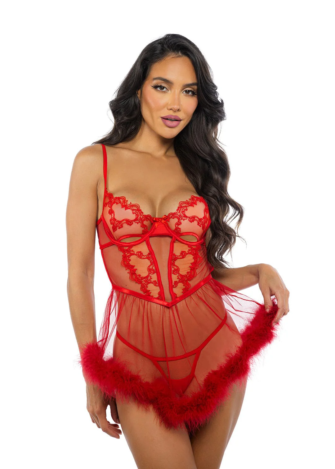 Plus Size Red Embroidered Lace & Satin Babydoll & Thong Panty Lingerie - Image 3