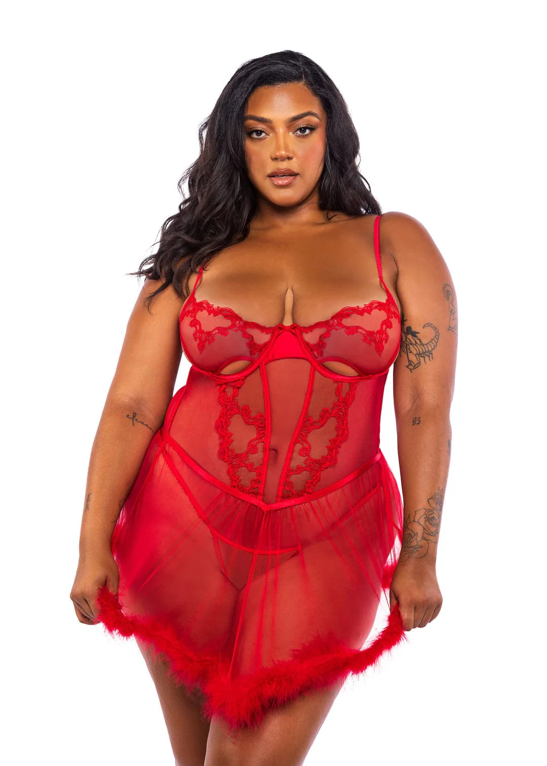 Plus Size Red Embroidered Lace & Satin Babydoll & Thong Panty Lingerie