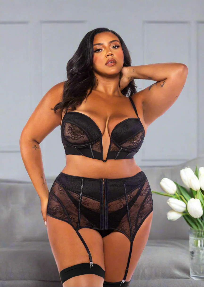 Plus Size Black Chantilly Lace & Satin Bustier, Garter Skirt & G-string Panty Lingerie