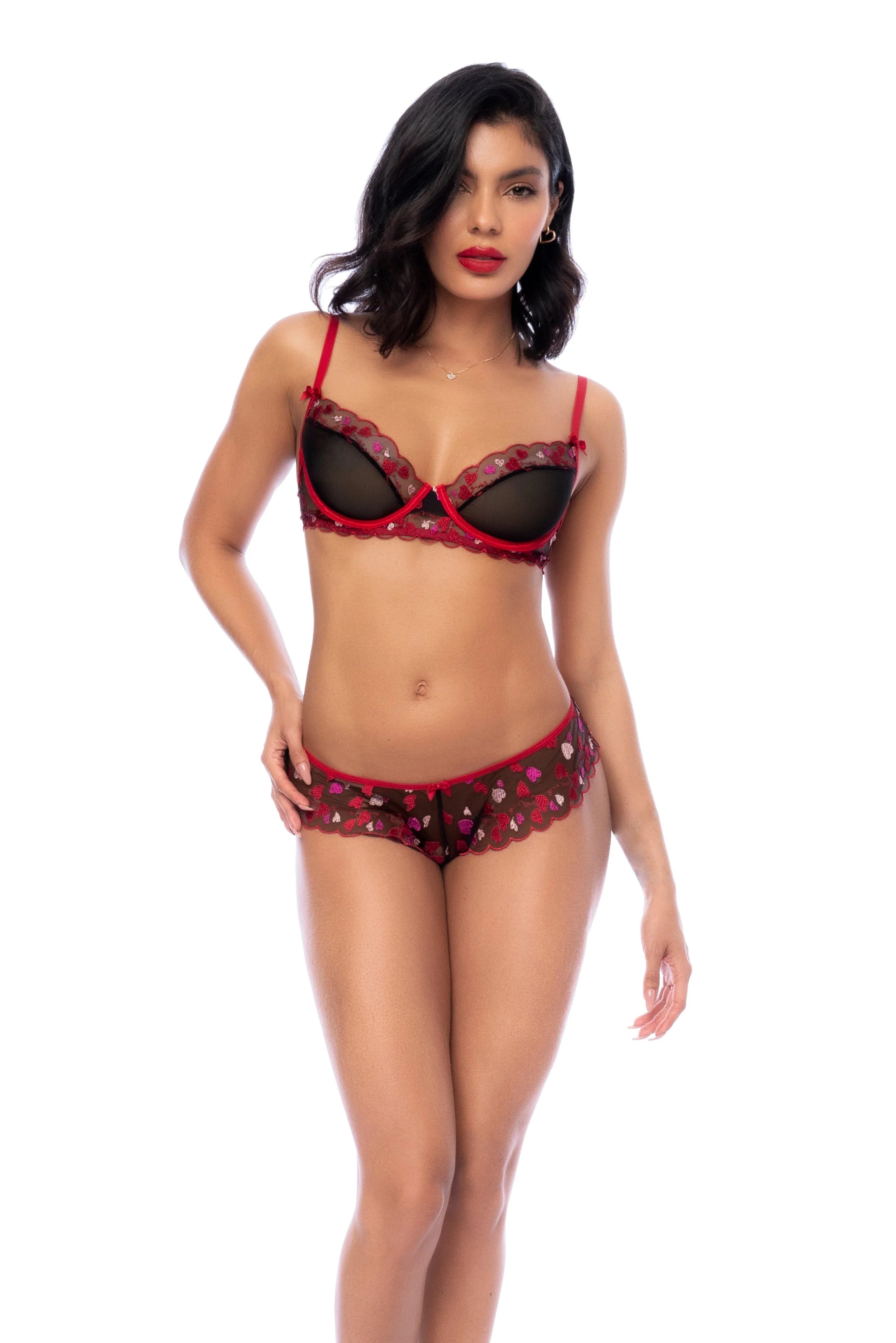 Black & Red Heart Sheer Underwire Bra, Garter Belt & Panty Lingerie - Image 3