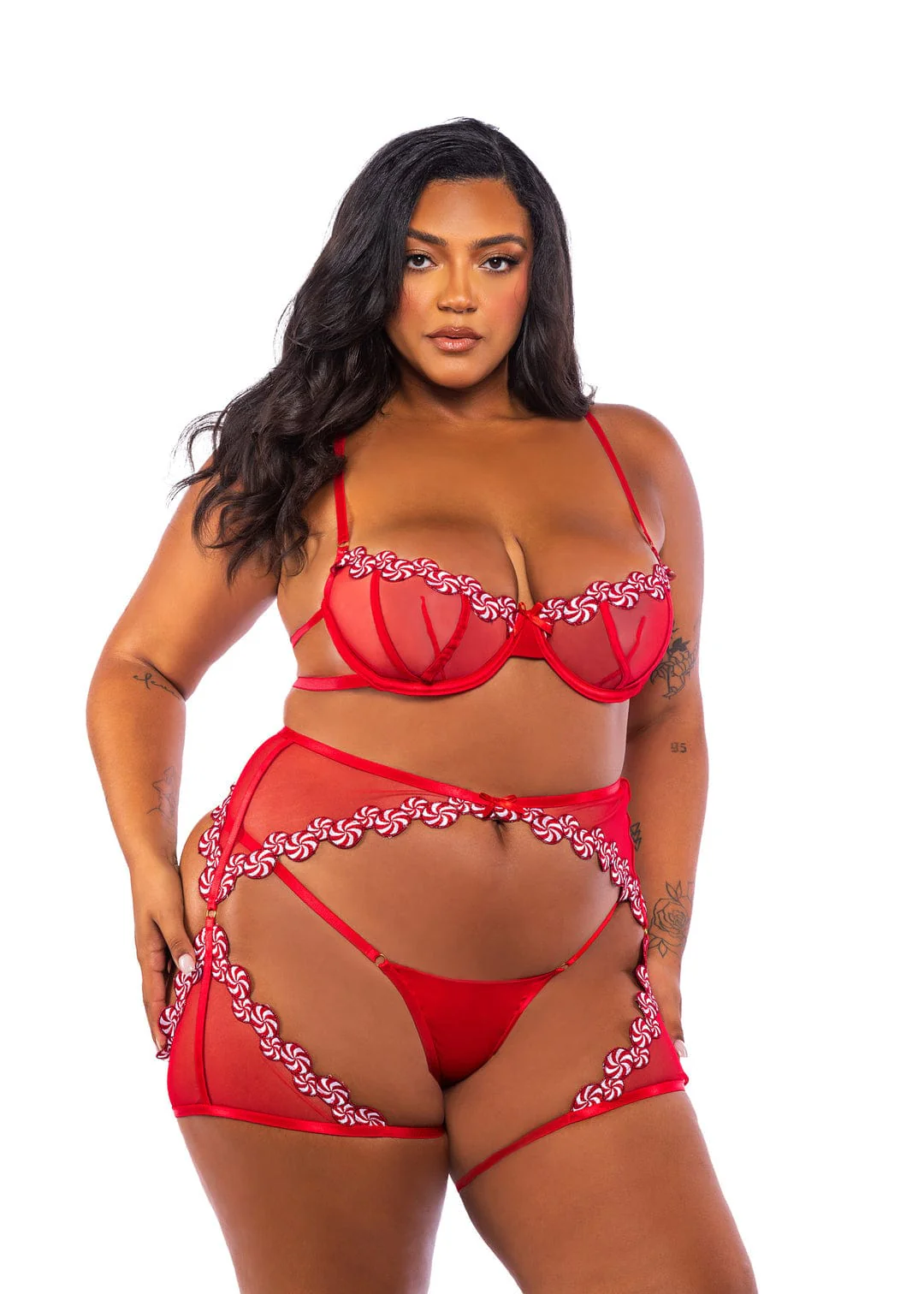 Red Candy Trim w/ Mesh Satin Bra, Chaps & Thong Lingerie - Image 3