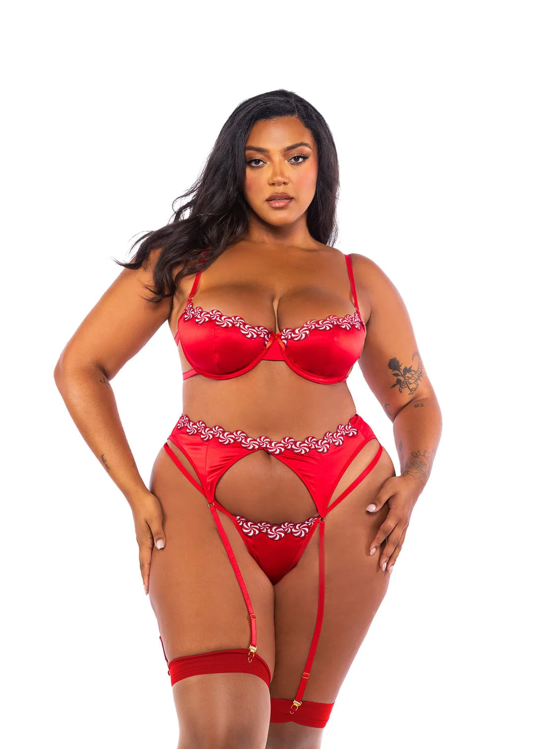 Red Candy Trim w/ Mesh Satin Bra, Garter Belt & Thong Lingerie - Image 3