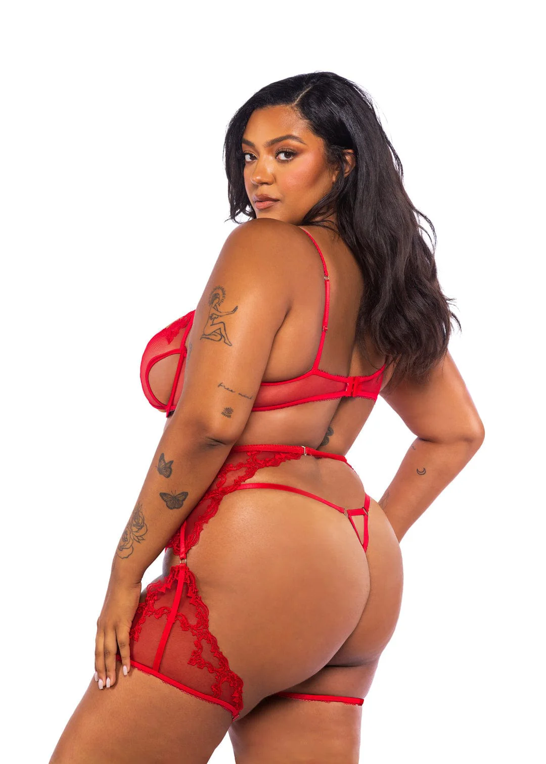 Plus Size Red Embroidered Lace & Satin Bra, Chaps & Thong Panty Lingerie - Image 2