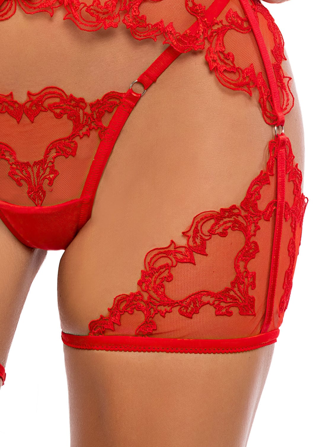 Plus Size Red Embroidered Lace & Satin Bra, Chaps & Thong Panty Lingerie - Image 5