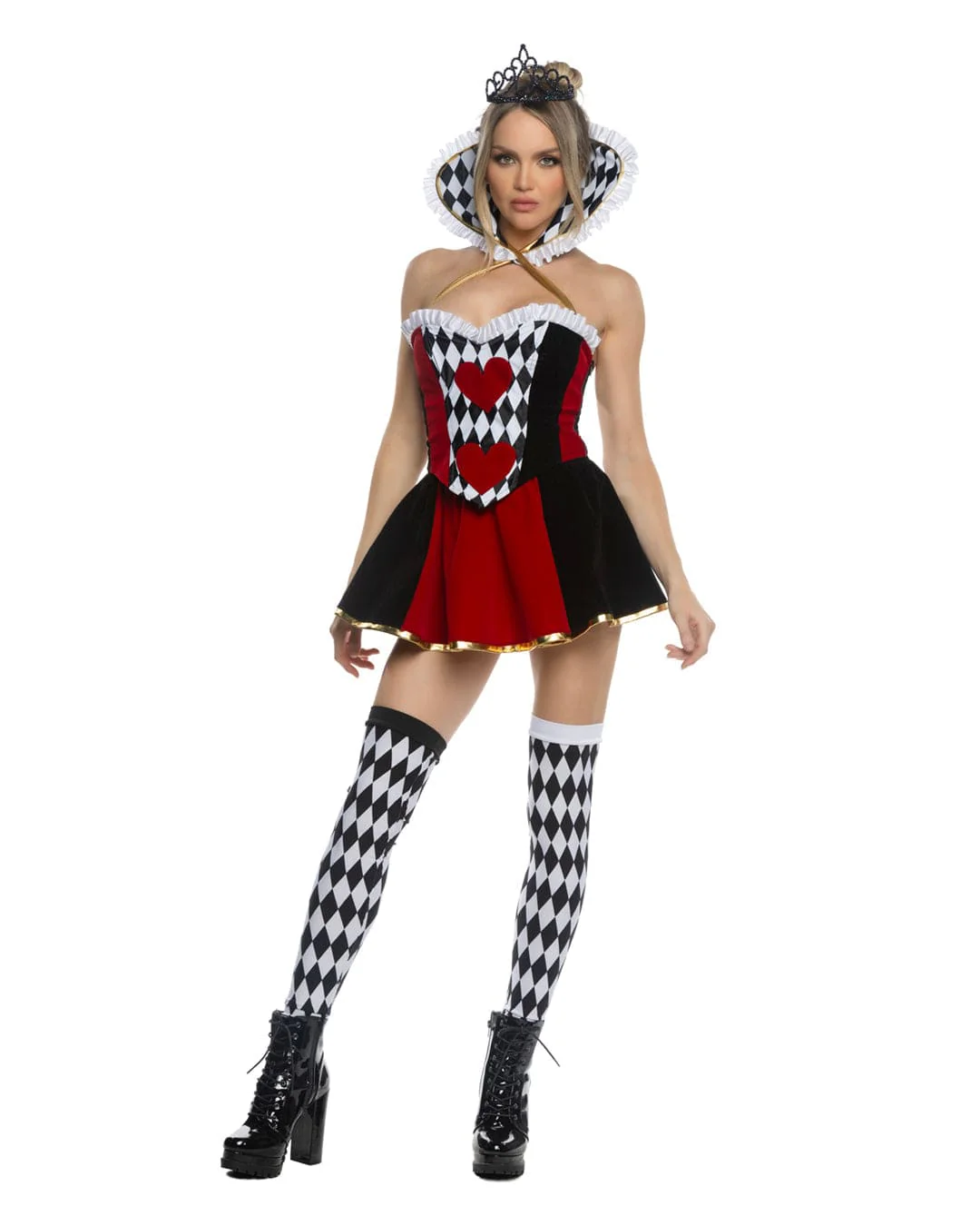 4 Pc Wonderland Queen Velvet Ruffle Bodice w/ Headpiece, Mini Skirt & Tiara Cosplay Costume