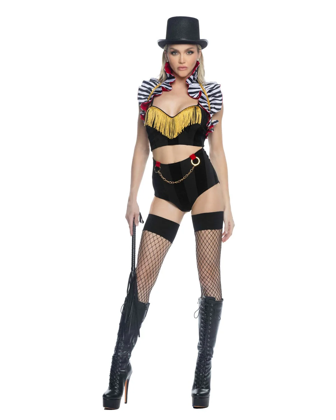 5 Pc Circus Ring Leader Satin Bolero, Knit Coptop, High-waisted Shorts, Hat & Whip Cosplay Costume