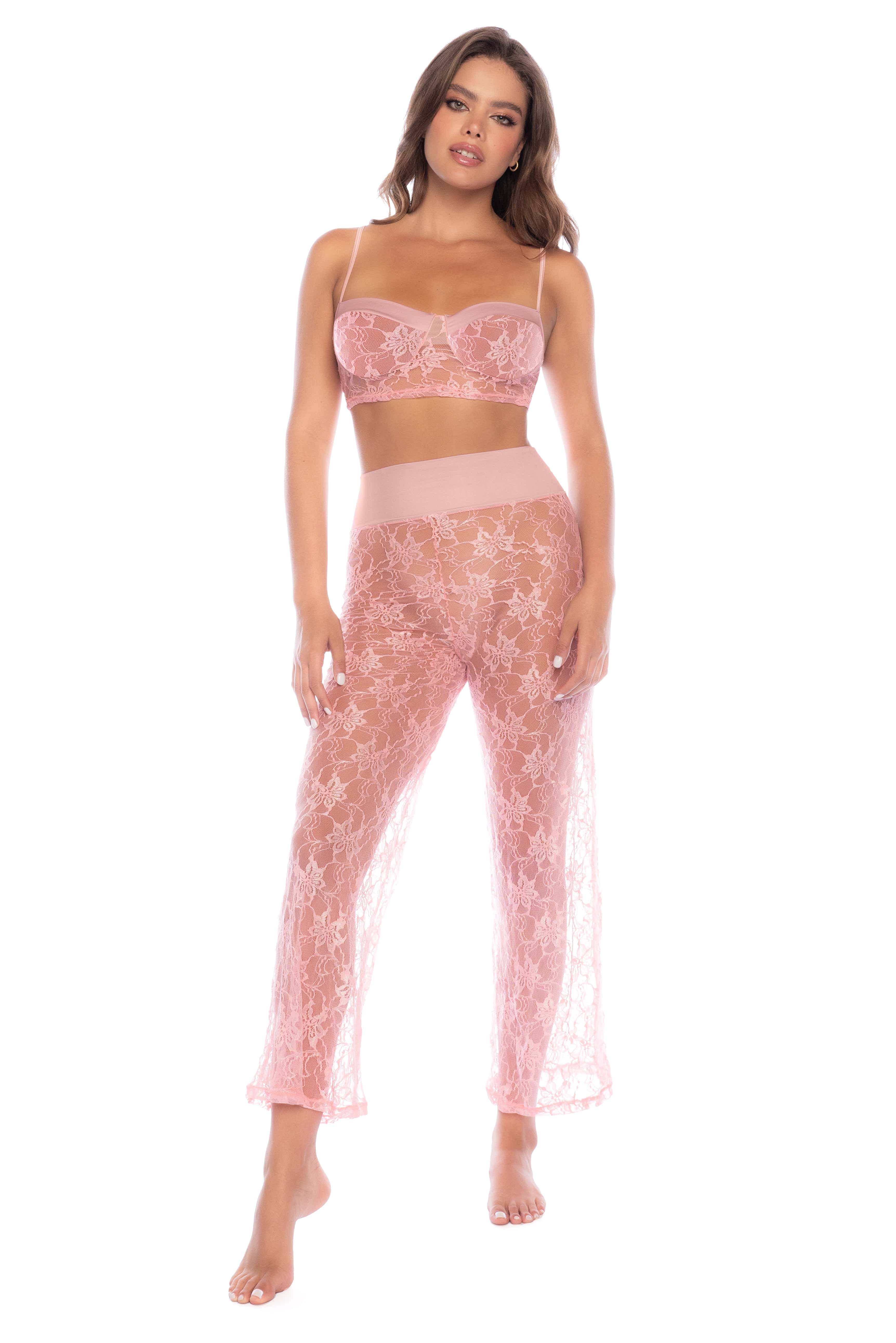 Pink Sheer Floral Lace Bralette & Wide Leg Pants Lounge Wear Set