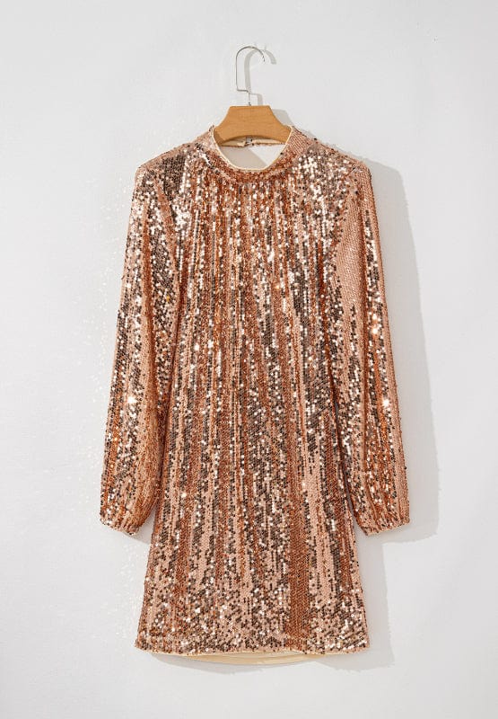 Rose Gold Backless Sequin Mock Neck Long Sleeve Mini Party Club Dress - Image 3
