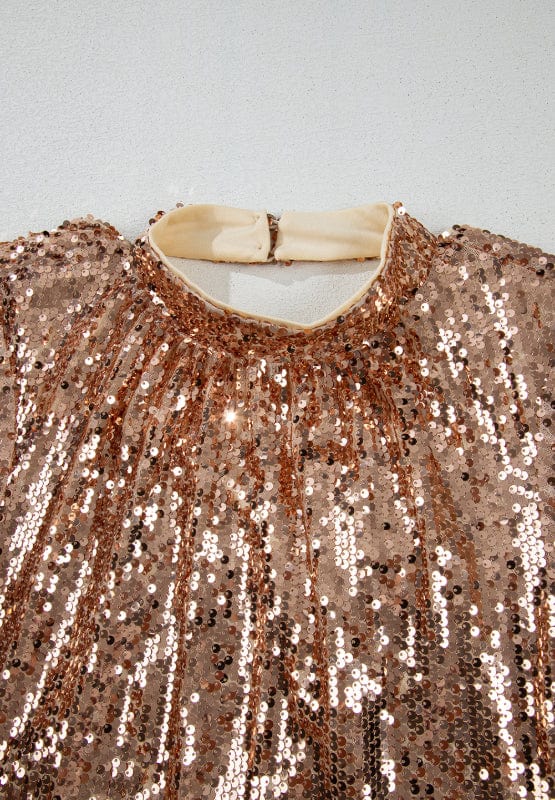 Rose Gold Backless Sequin Mock Neck Long Sleeve Mini Party Club Dress - Image 5