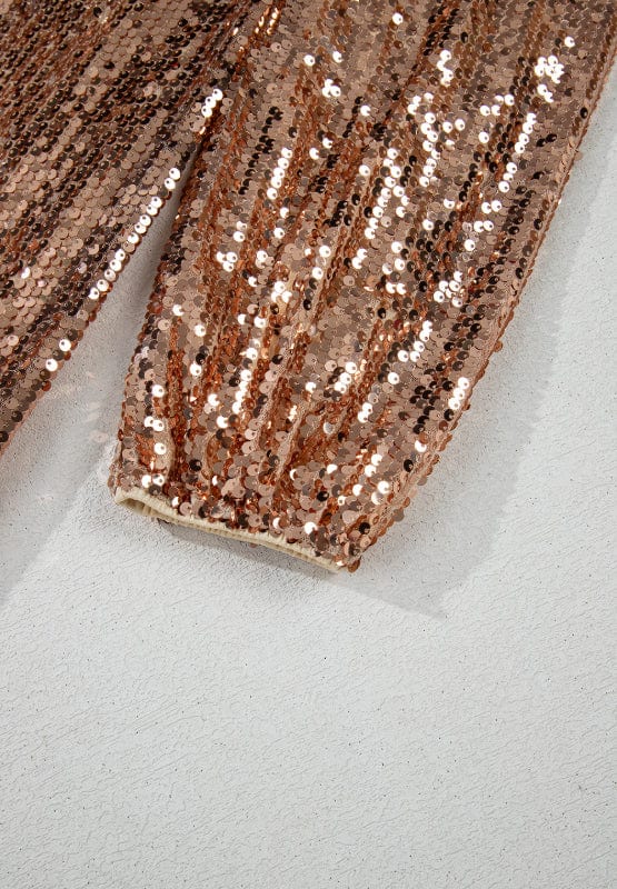 Rose Gold Backless Sequin Mock Neck Long Sleeve Mini Party Club Dress - Image 7