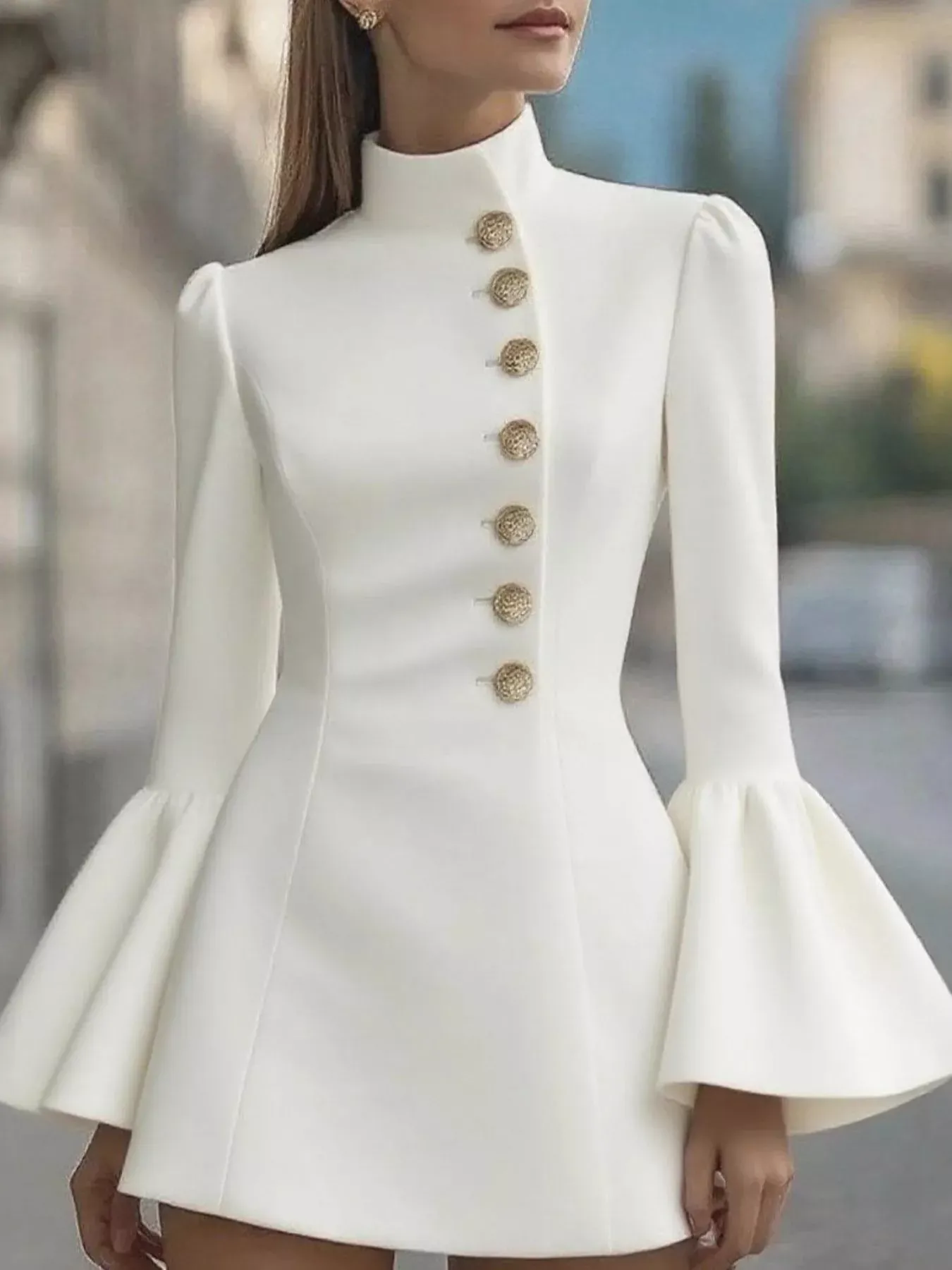 Black Bell Sleeve Mini Dress with Gold Front Button - Image 10