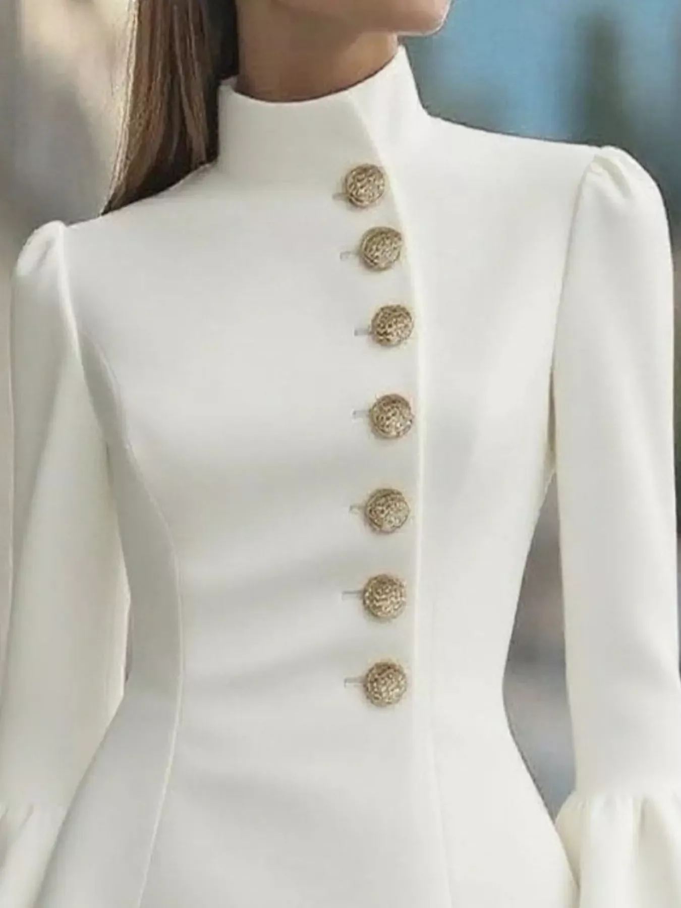 Black Bell Sleeve Mini Dress with Gold Front Button - Image 11