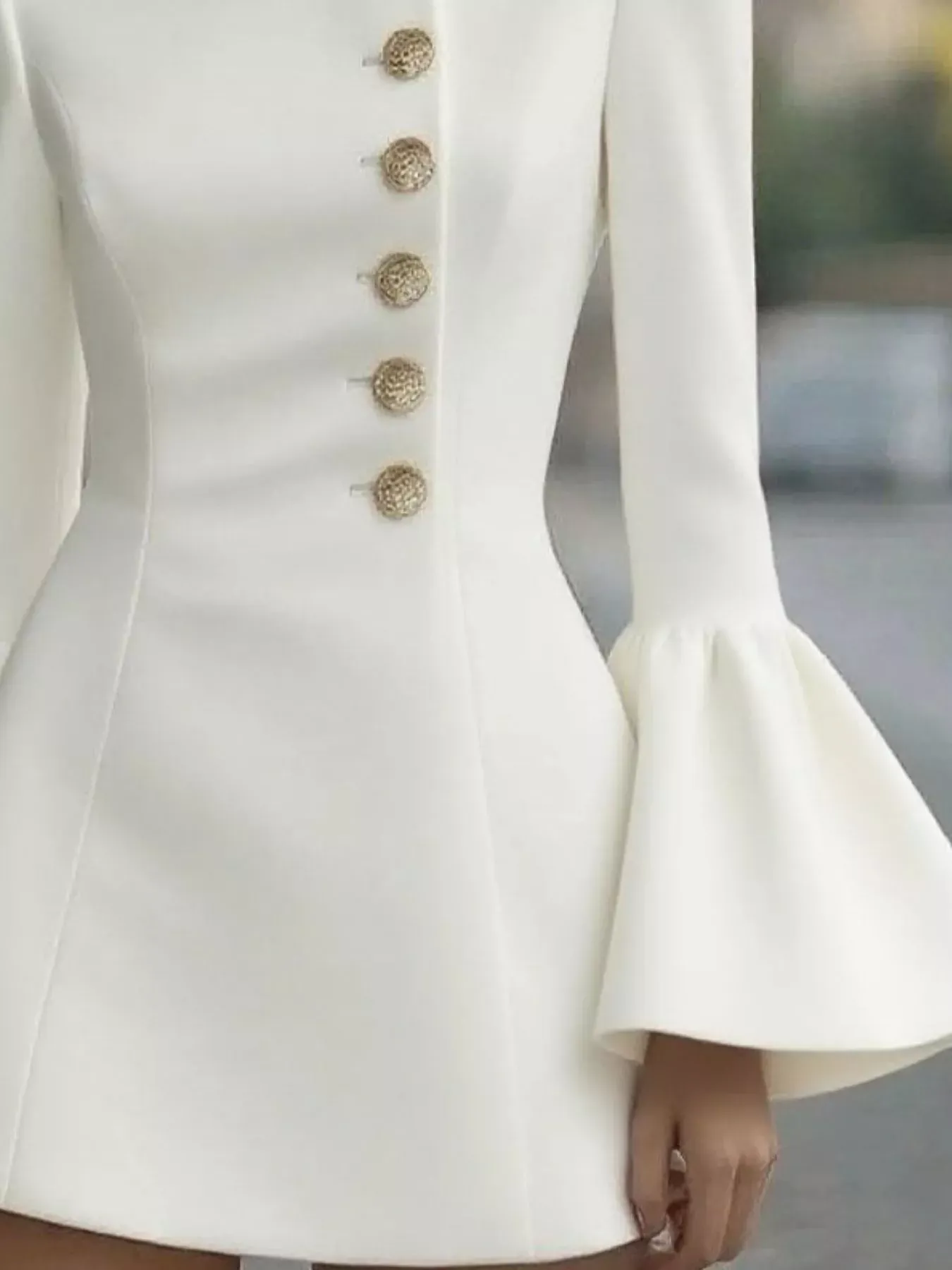 Black Bell Sleeve Mini Dress with Gold Front Button - Image 12