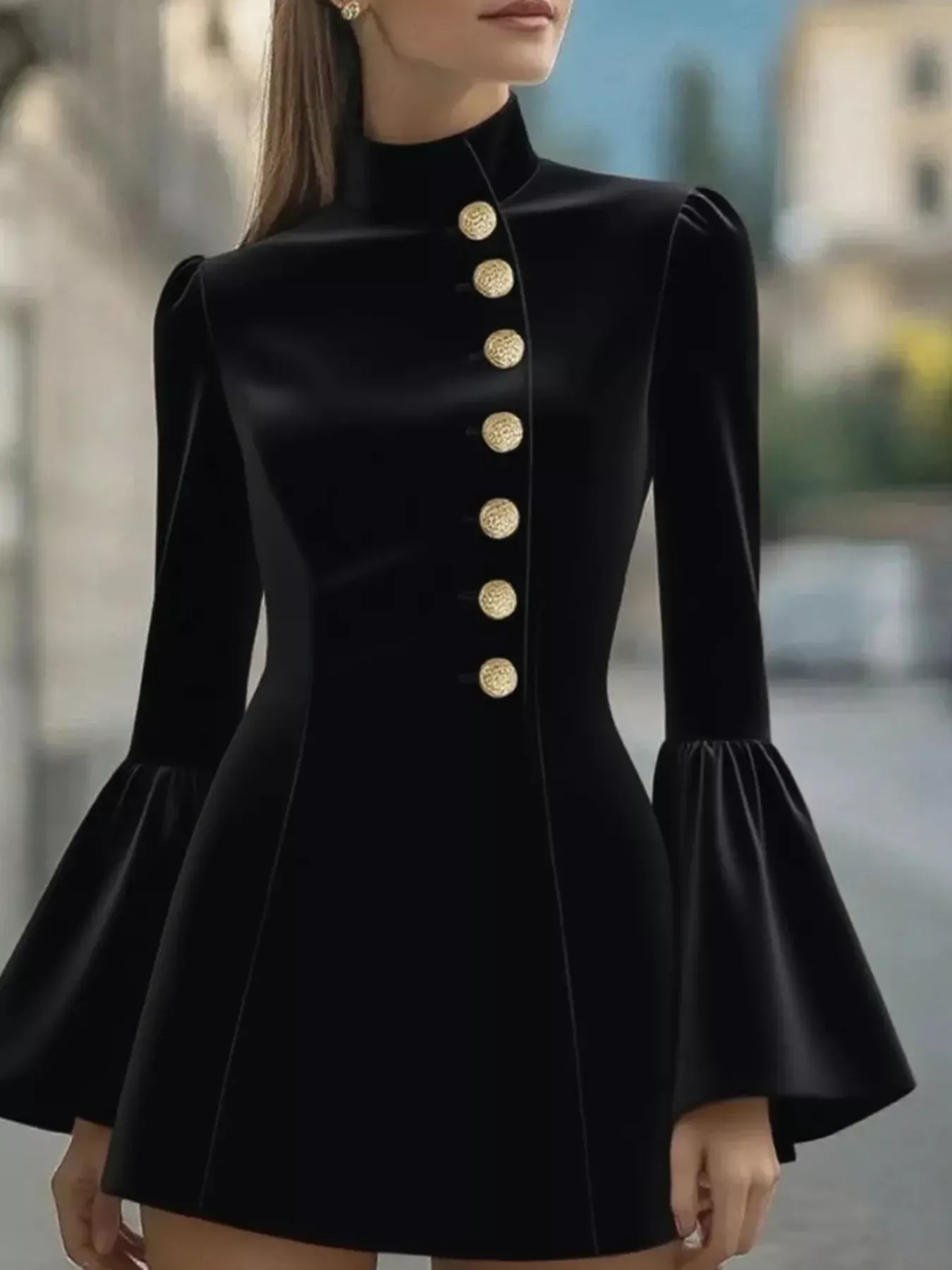 Black Bell Sleeve Mini Dress with Gold Front Button - Image 4
