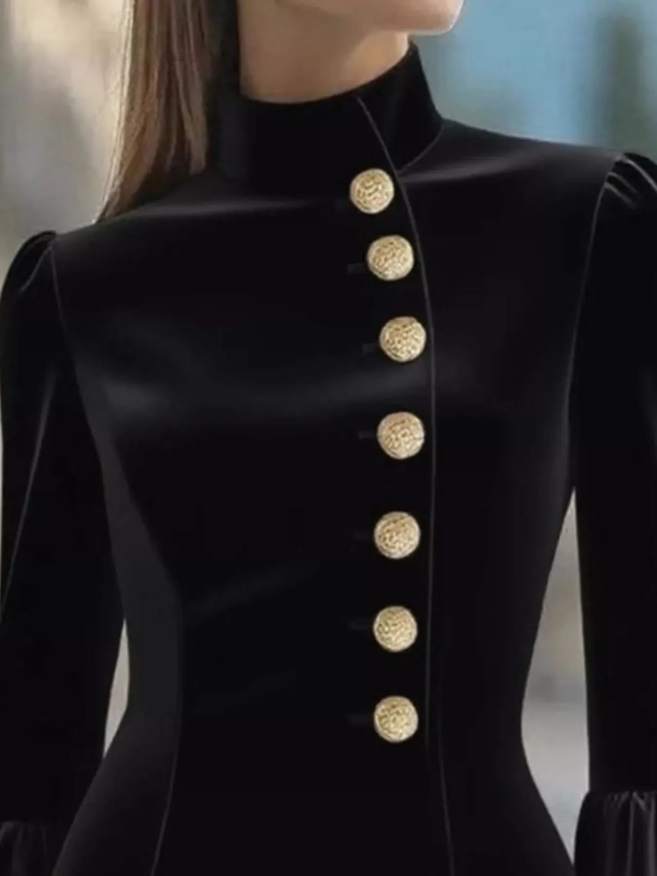 Black Bell Sleeve Mini Dress with Gold Front Button - Image 5