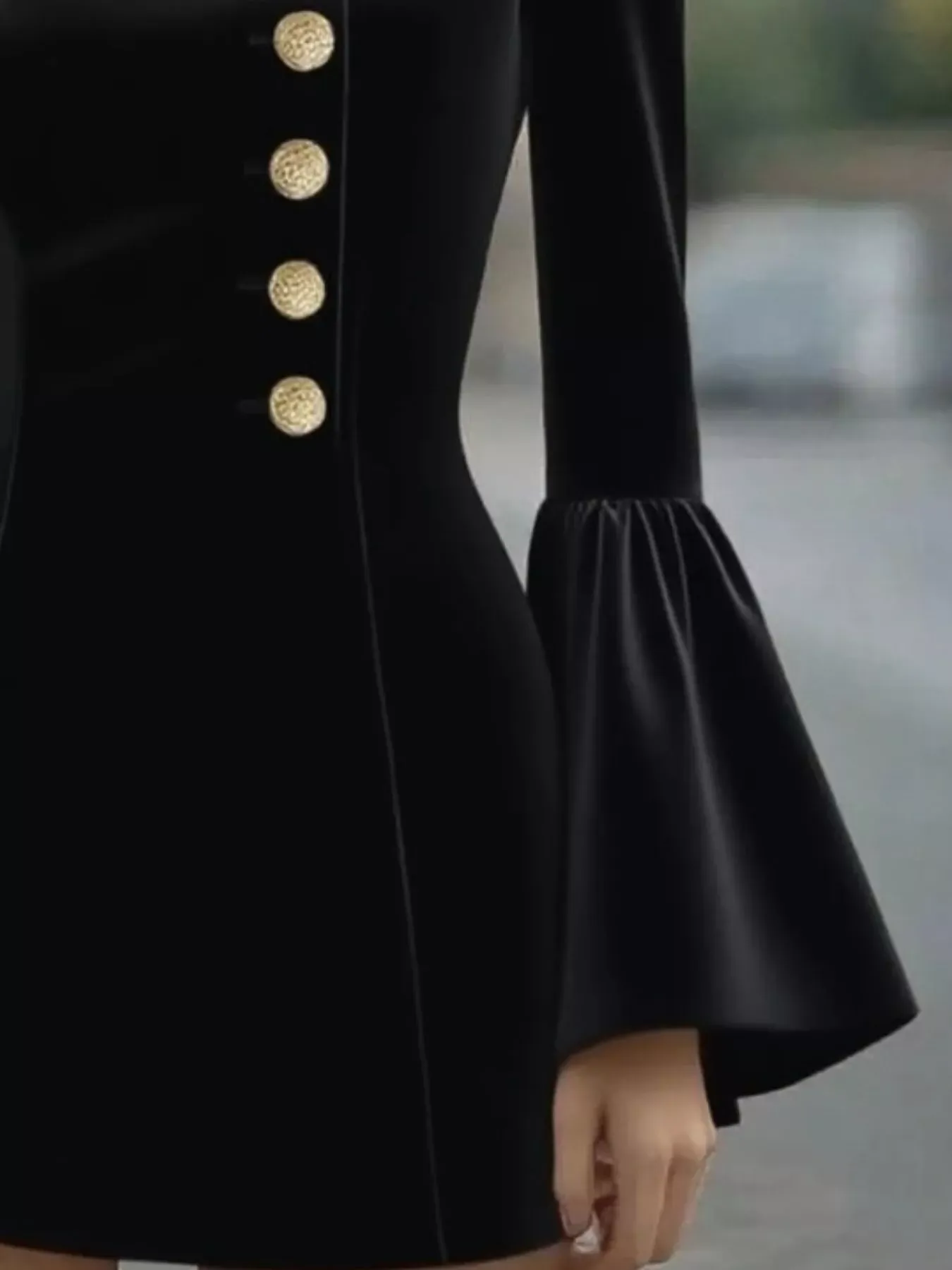 Black Bell Sleeve Mini Dress with Gold Front Button - Image 6