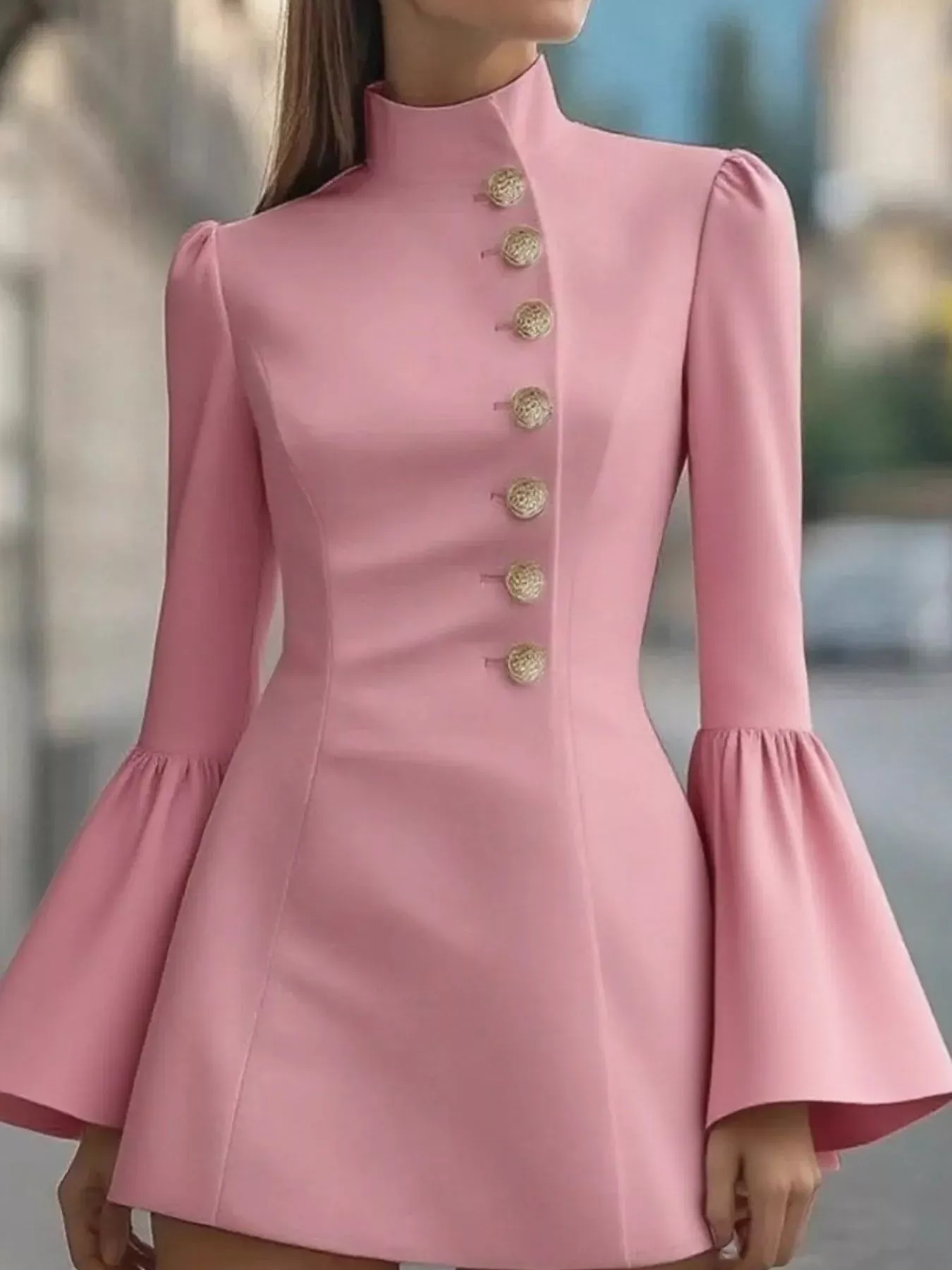 Black Bell Sleeve Mini Dress with Gold Front Button - Image 7