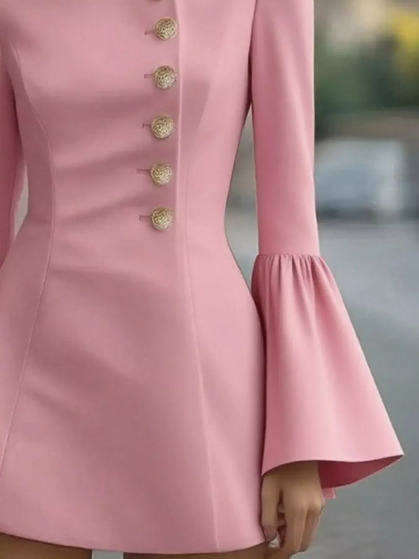 Black Bell Sleeve Mini Dress with Gold Front Button - Image 9