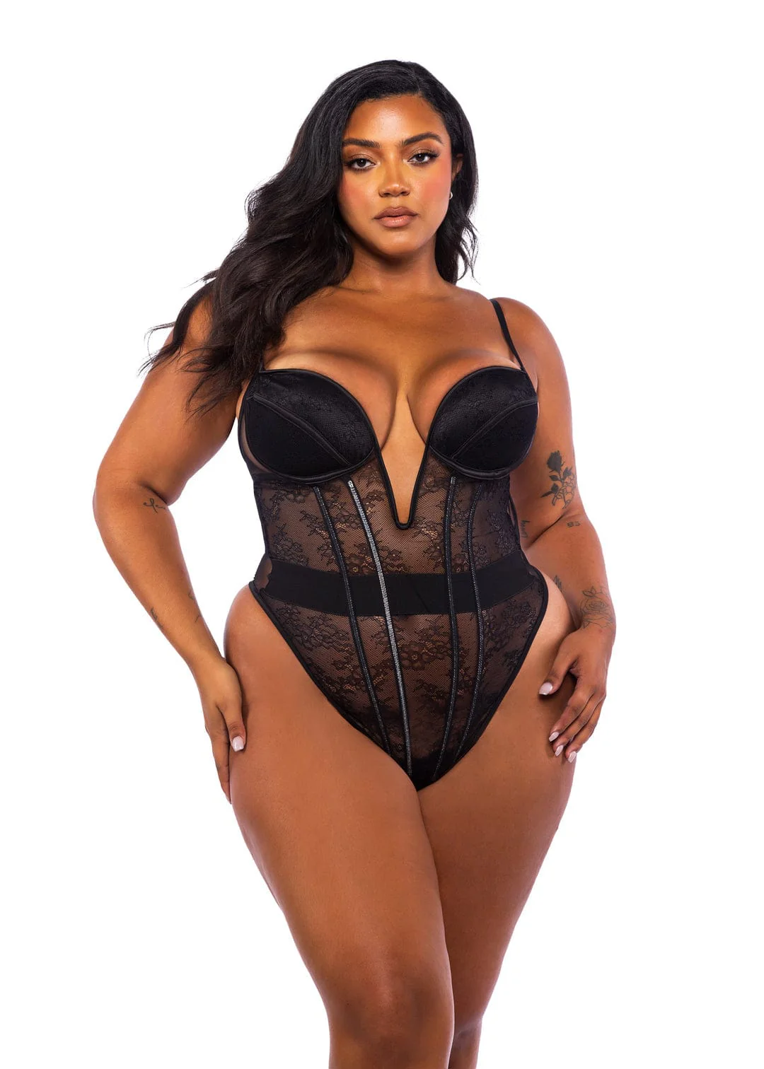 Black Chantilly Lace & Satin Plunge Neck Thong Teddy Lingerie - Image 3