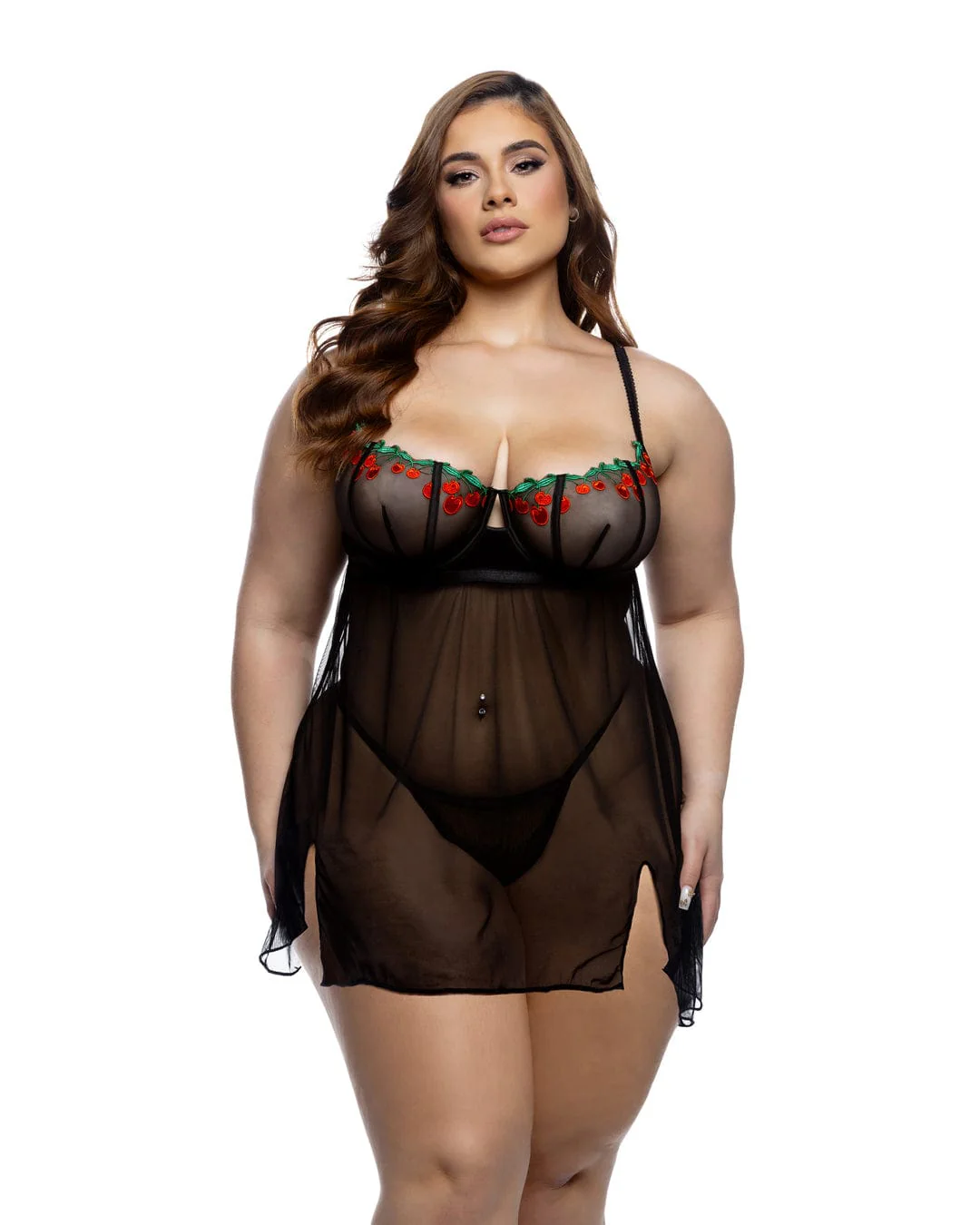 Black Cherry Lace & Mesh Balconette Cup Babydoll & G-string Thong Panty Lingerie (Plus Size Available) - Image 3