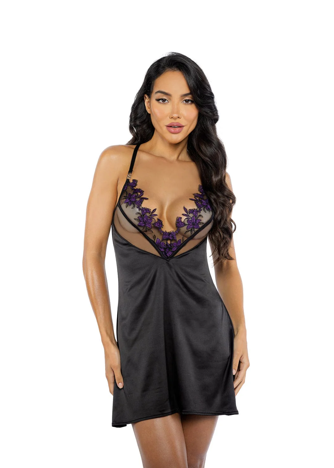 Black Embroidered Lily Lace & Satin Sleep Chemise Lingerie