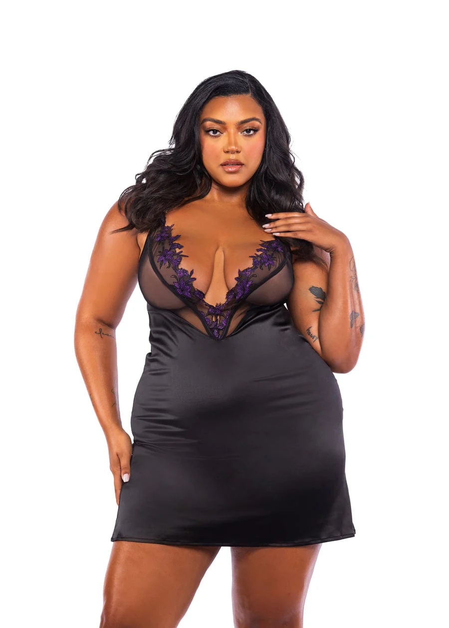 Black Embroidered Lily Lace & Satin Sleep Chemise Lingerie - Image 3