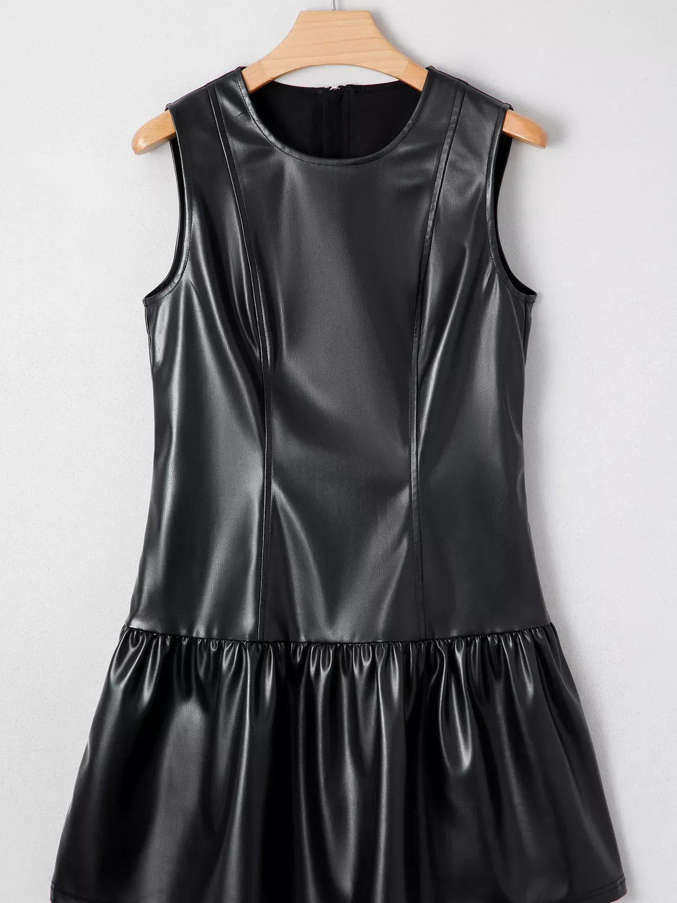 Black Faux Leather Ruffle Hem Sleeveless Mini Dress - Image 3