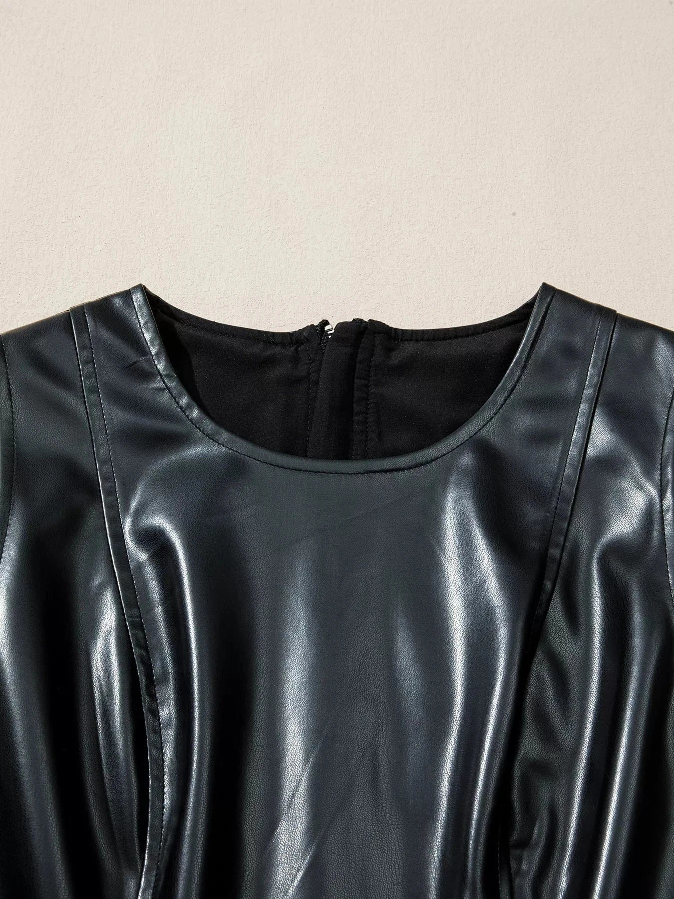 Black Faux Leather Ruffle Hem Sleeveless Mini Dress - Image 5