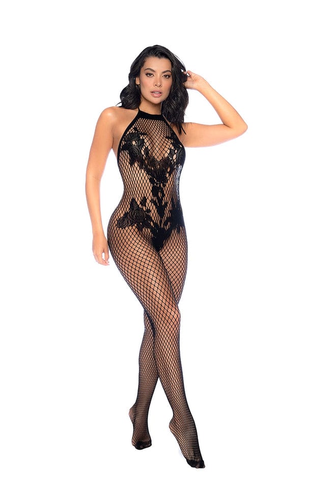 Black Floral Fishnet Crotchless Bodystocking Catsuit