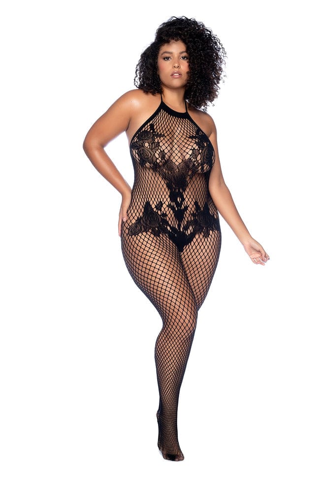 Black Floral Fishnet Crotchless Bodystocking Catsuit - Image 5