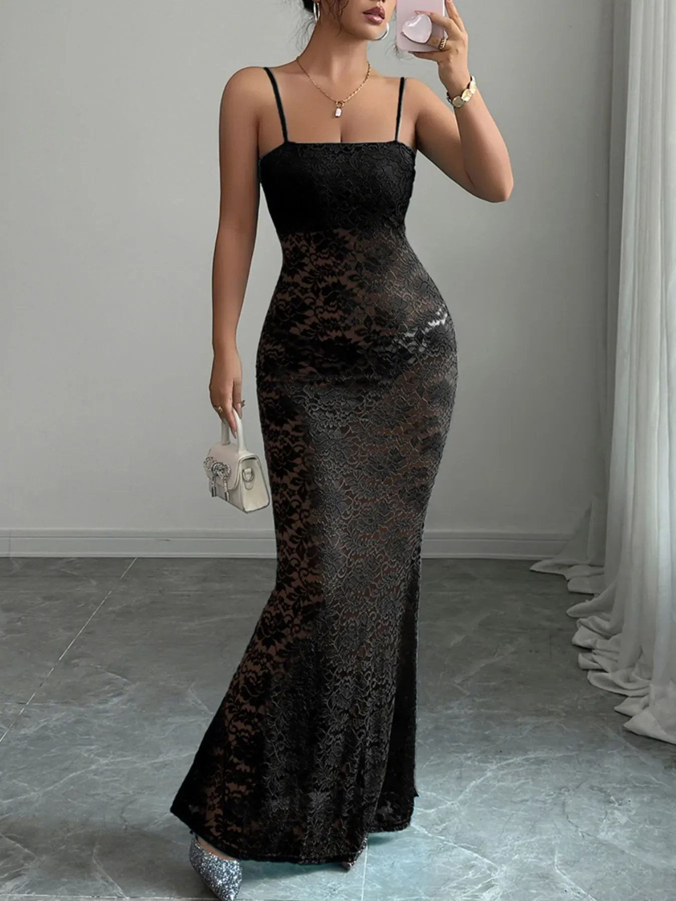 Black Lace Square Neck Maxi Cami Dress