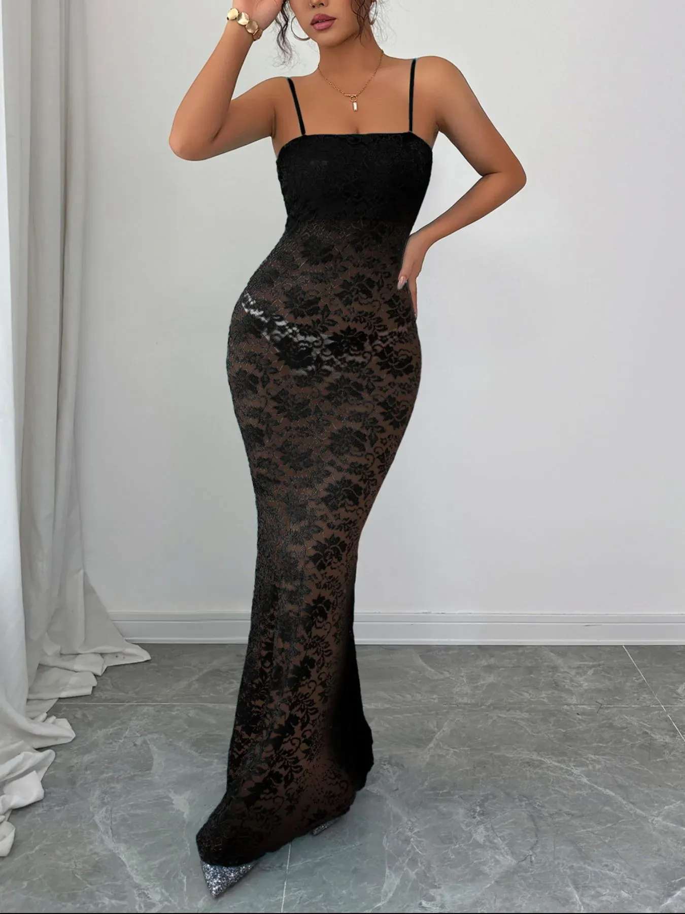 Black Lace Square Neck Maxi Cami Dress - Image 2