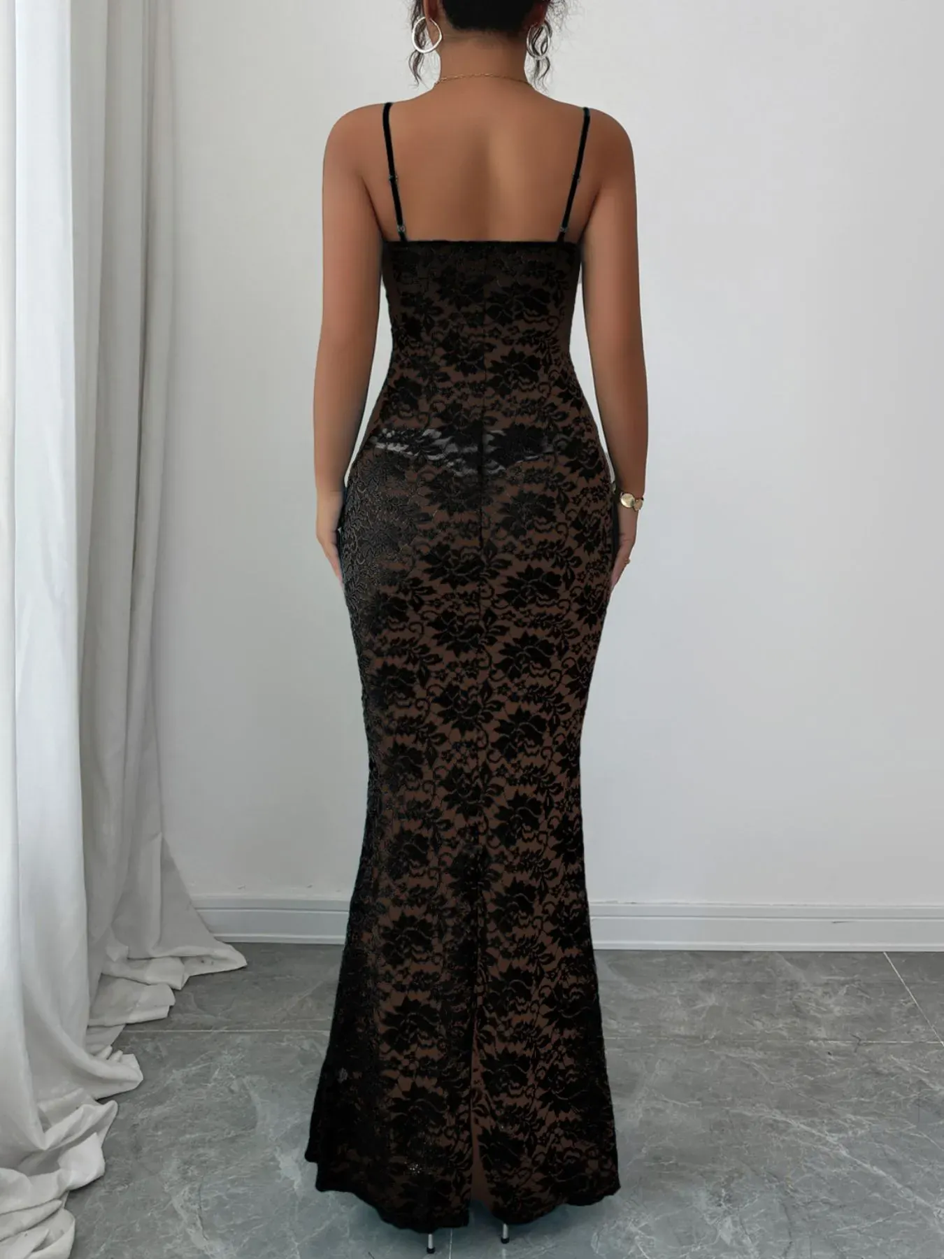 Black Lace Square Neck Maxi Cami Dress - Image 4