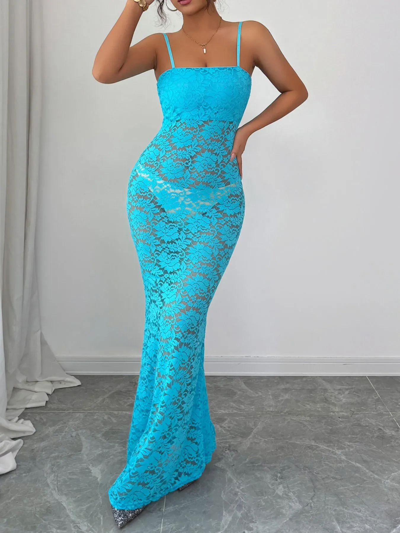 Black Lace Square Neck Maxi Cami Dress - Image 5