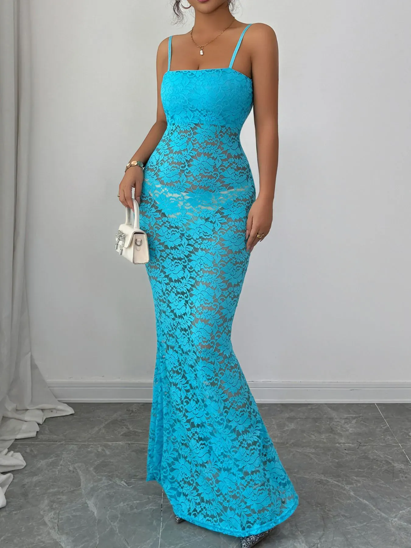 Black Lace Square Neck Maxi Cami Dress - Image 6
