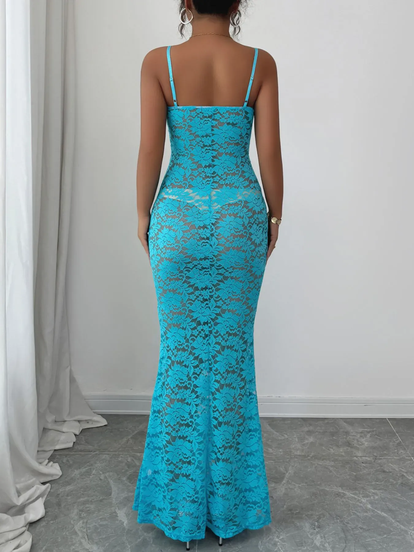 Black Lace Square Neck Maxi Cami Dress - Image 7