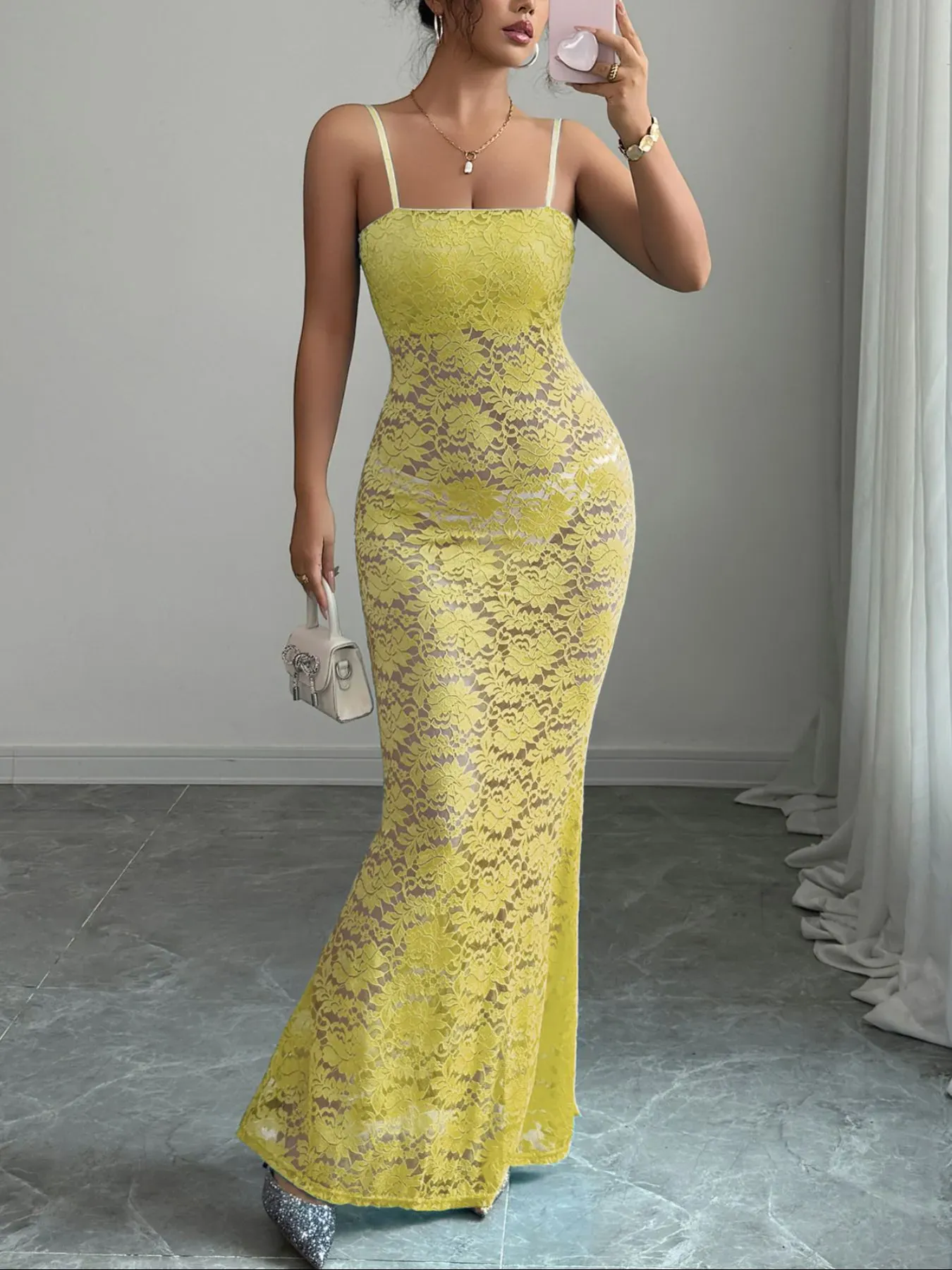 Black Lace Square Neck Maxi Cami Dress - Image 8