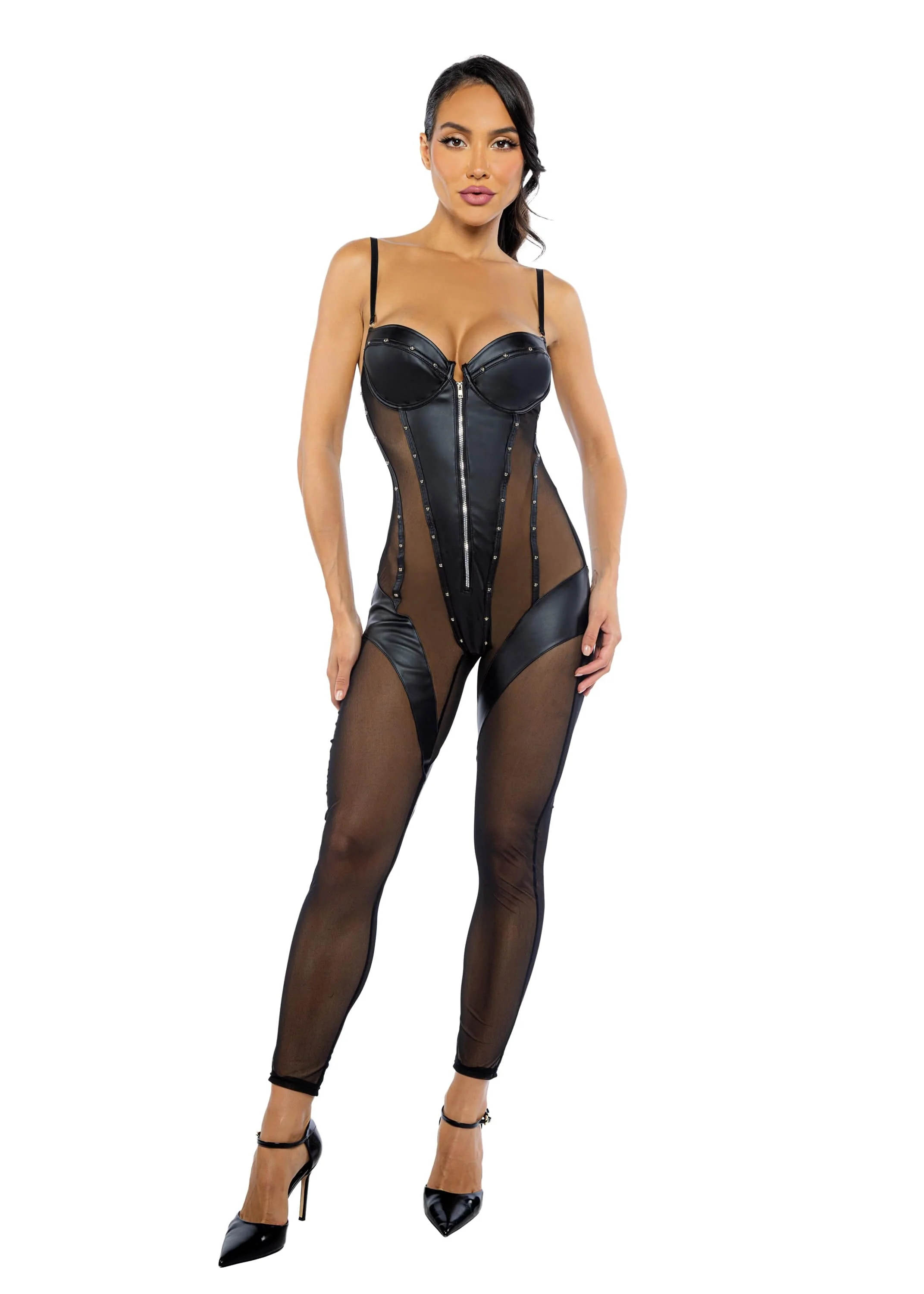 Black Leather & Mesh Balconette Cup Catsuit Jumpsuit Lingerie - Image 2