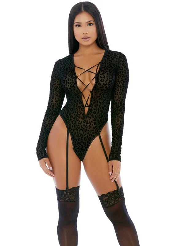 Black Leopard Print Sheer Bodysuit Teddy Lingerie w/ Garters - Image 3