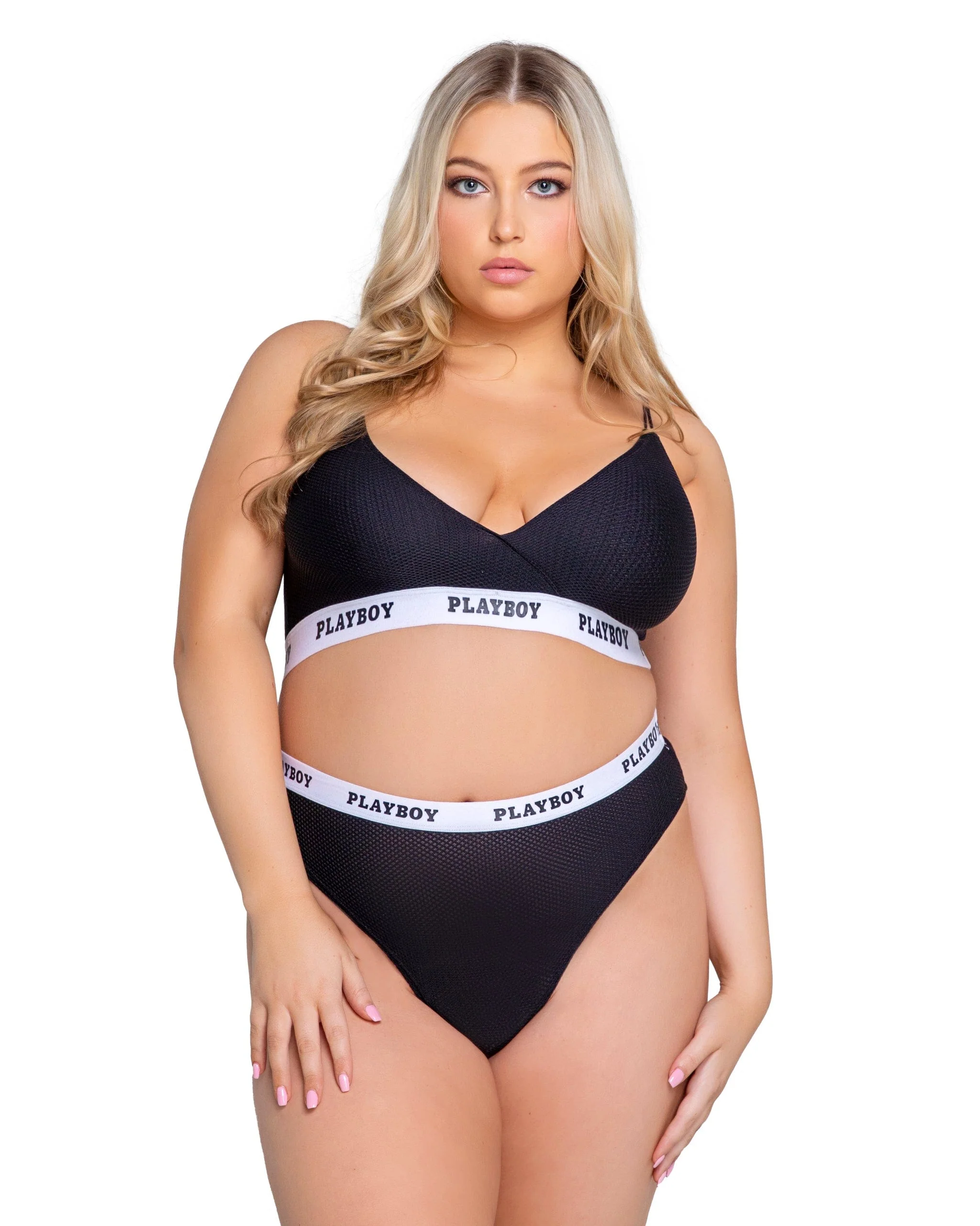 Black Mesh Playboy Lifestyle Bralette & High Waisted Thong Set (Plus Size Available) - Image 3