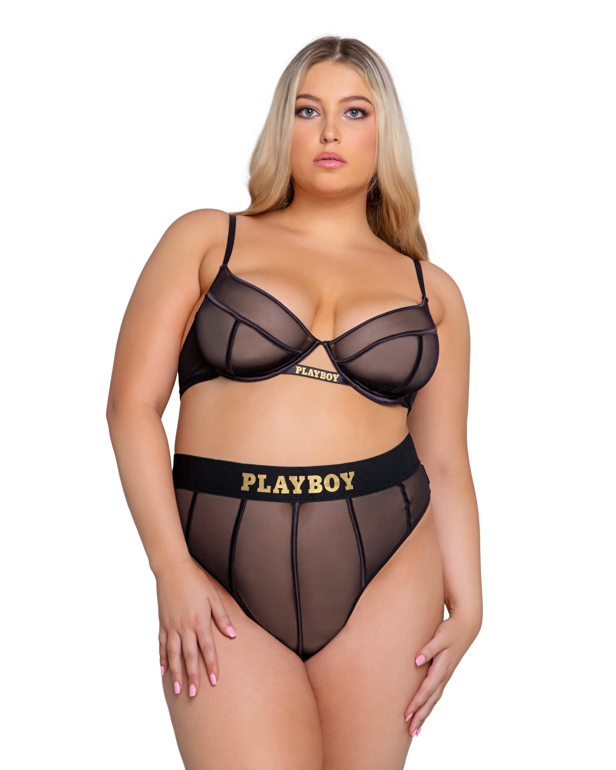 Black Mesh Satin Playboy Cage Underwire Top & High Waisted Thong Set (Plus Size Available) - Image 3