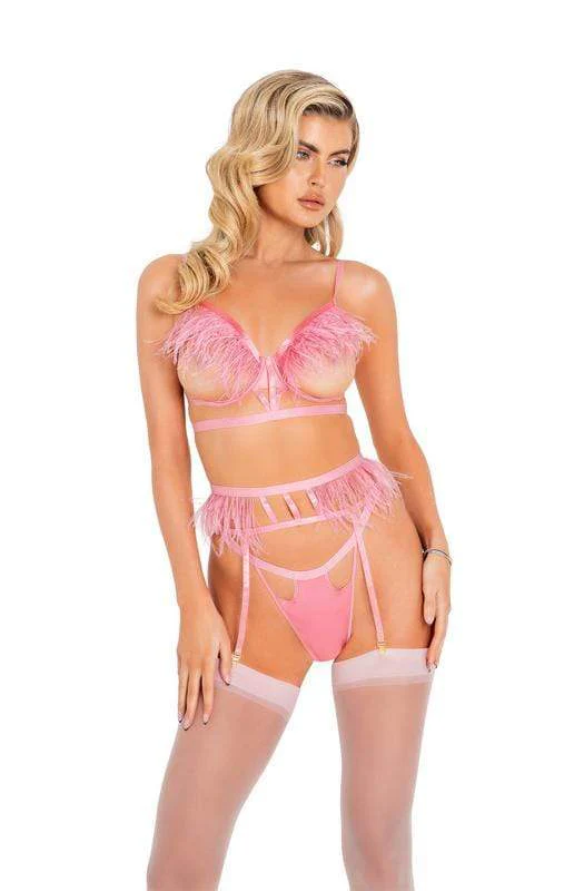 Black Underwire Faux Ostrich Cutout Lingerie Set - Image 3