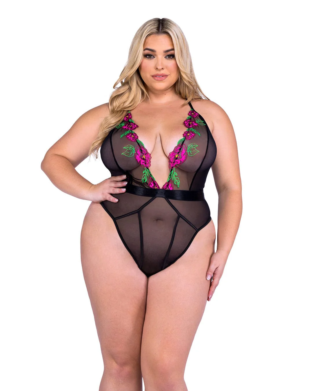 Black Peony Paradise Halter & Thong Teddy Lingerie (Plus Size Available) - Image 3