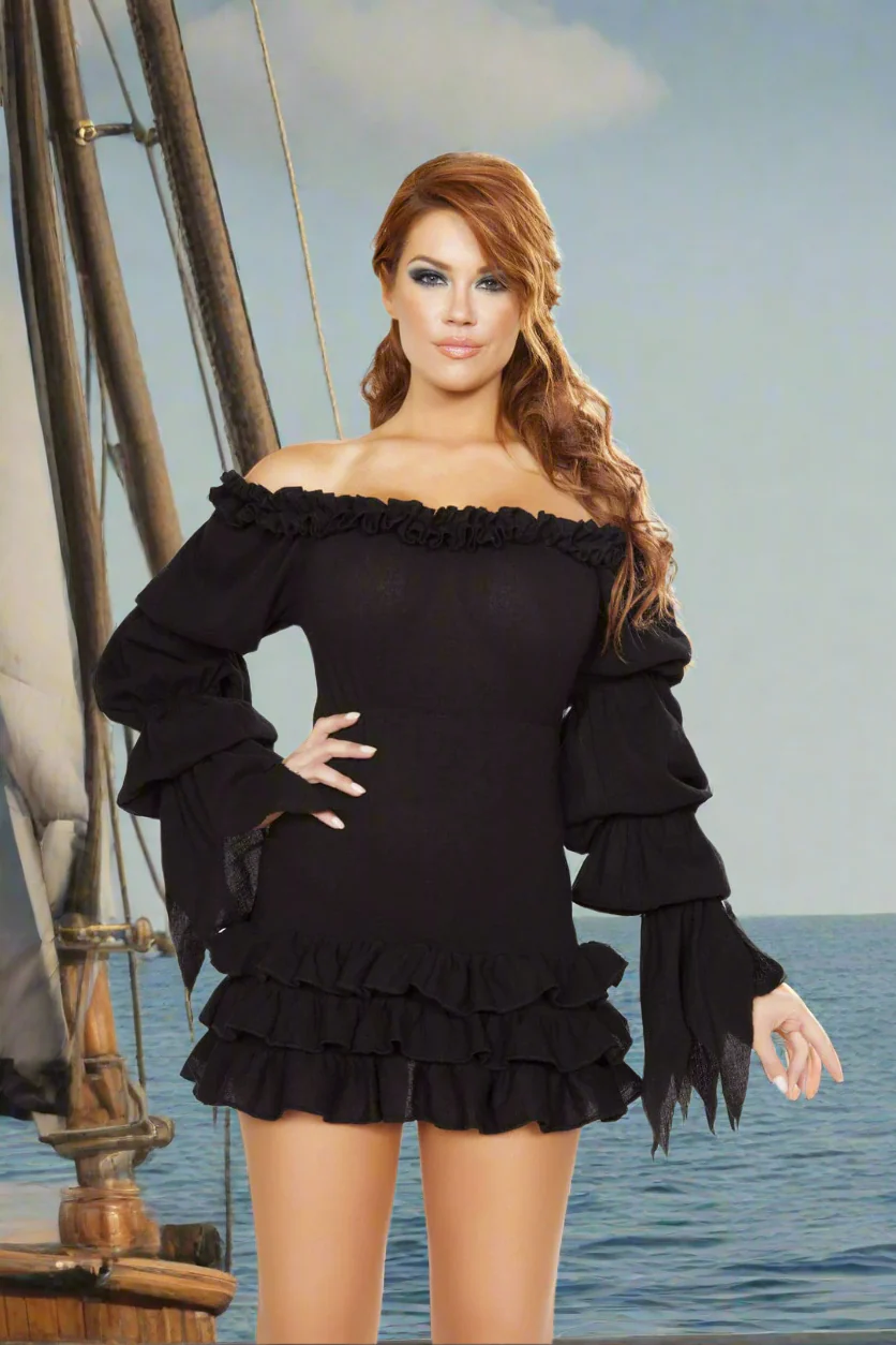 Black Pirate Queen Long-sleeve Ruffle Mini Dress Multi Layered Skirt Halloween Cosplay Costume